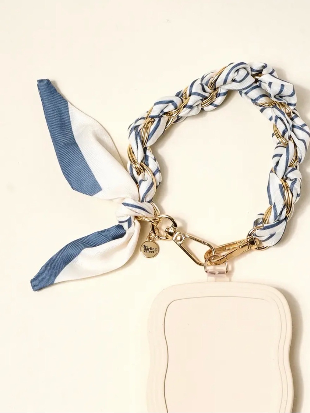 Blue & White Braided Phone Strap with Gold Hardware